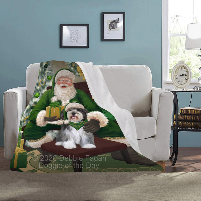 Christmas Irish Santa with Gift and Malti Tzu Dog Blanket BLNKT141418