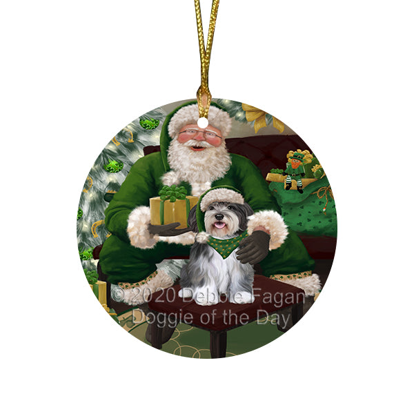 Christmas Irish Santa with Gift and Labrador Dog Round Flat Christmas Ornament RFPOR57940