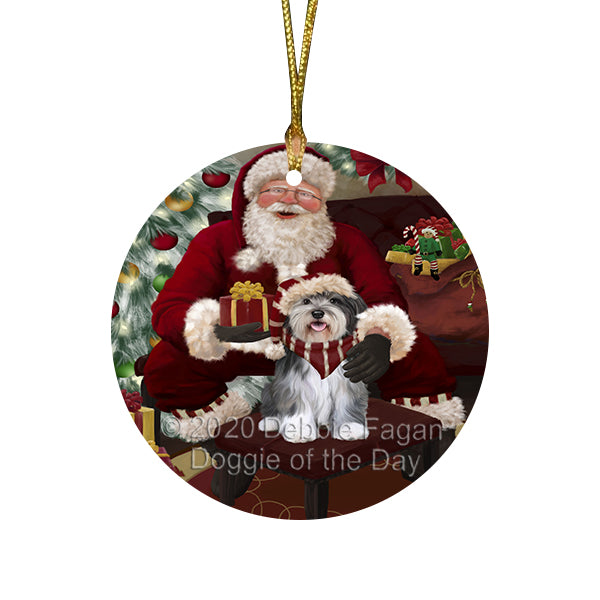 Santa's Christmas Surprise Malti Tzu Dog Round Flat Christmas Ornament RFPOR58040