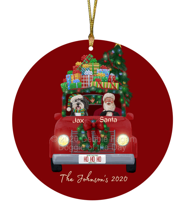 Personalized Christmas Honk Honk Red Truck Here Comes with Santa and Malti Tzu Dog Round Flat Ornament PRBPOR59092