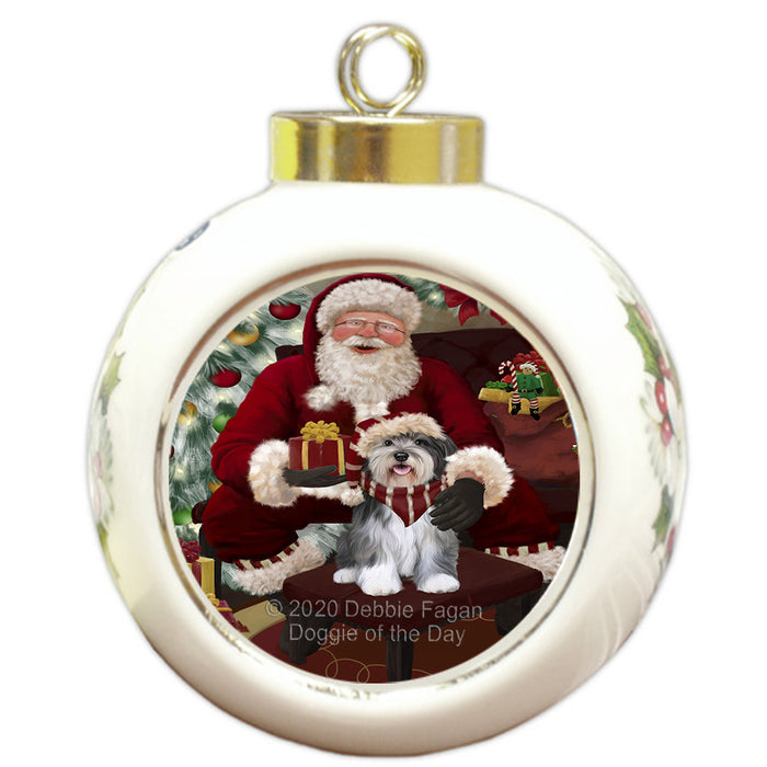 Santa's Christmas Surprise Malti Tzu Dog Round Ball Christmas Ornament RBPOR58040