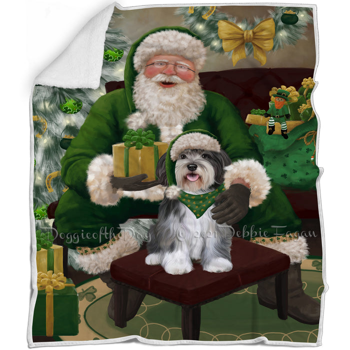 Christmas Irish Santa with Gift and Malti Tzu Dog Blanket BLNKT141418