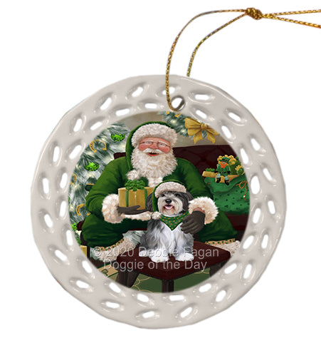 Christmas Irish Santa with Gift and Malti Tzu Dog Doily Ornament DPOR59504