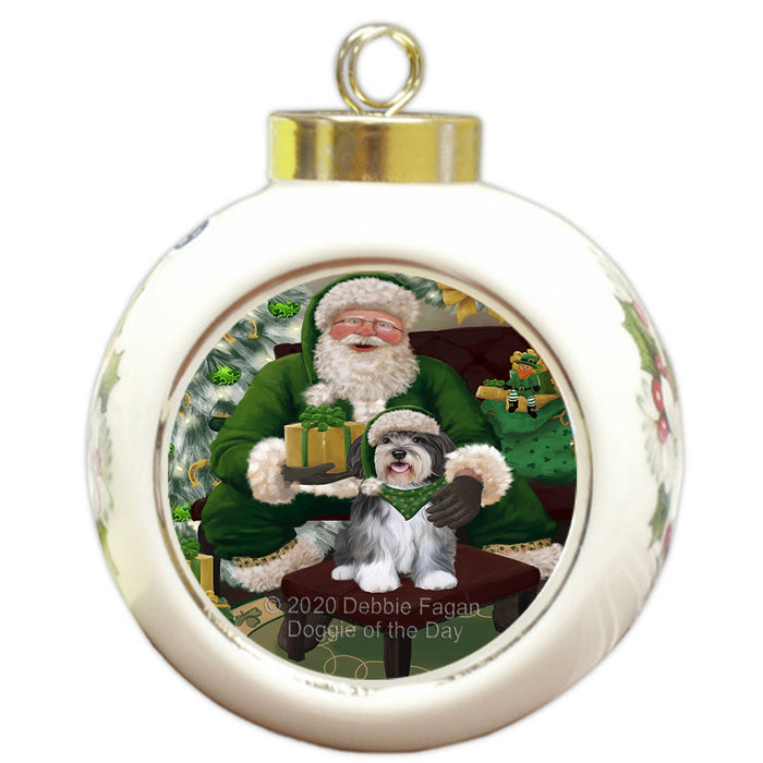 Christmas Irish Santa with Gift and Malti Tzu Dog Round Ball Christmas Ornament RBPOR57942