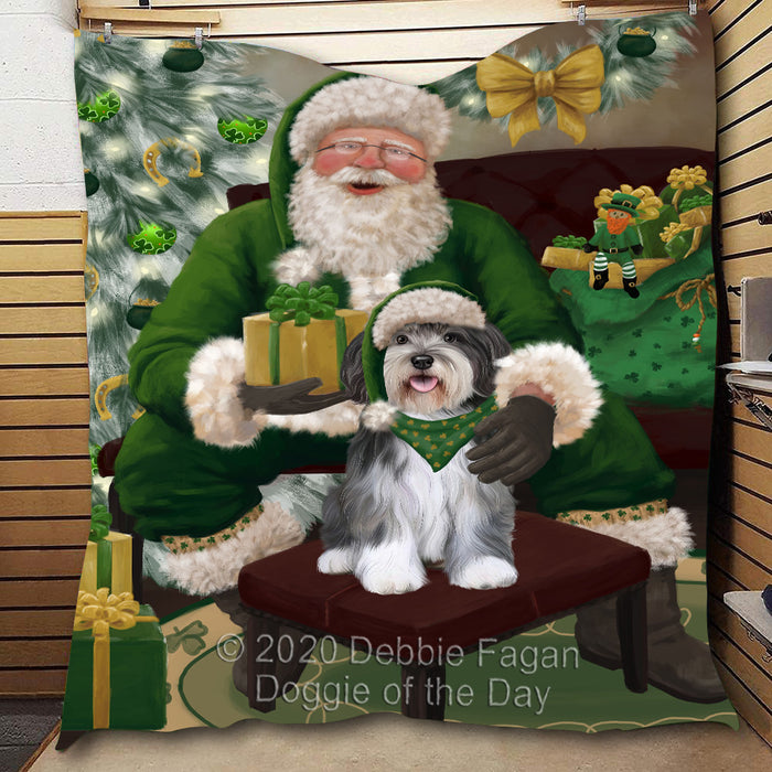 Christmas Irish Santa with Gift and Malti Tzu Dog Quilt Bed Coverlet Bedspread - Pets Comforter Unique One-side Animal Printing - Soft Lightweight Durable Washable Polyester Quilt