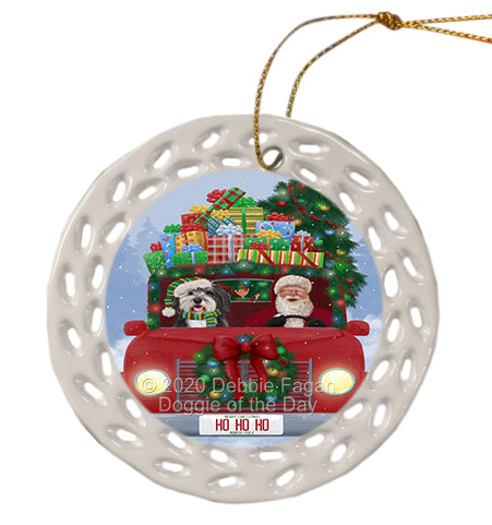 Christmas Honk Honk Red Truck with Santa and Malti Tzu Dog Doily Ornament DPOR59363