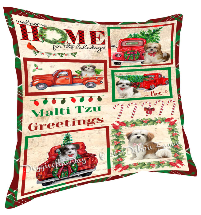 Welcome Home for Christmas Holidays Malti Tzu Dogs Pillow with Top Quality High-Resolution Images - Ultra Soft Pet Pillows for Sleeping - Reversible & Comfort - Ideal Gift for Dog Lover - Cushion for Sofa Couch Bed - 100% Polyester