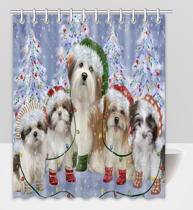 Christmas Lights and Malti Tzu Dogs Shower Curtain Pet Painting Bathtub Curtain Waterproof Polyester One-Side Printing Decor Bath Tub Curtain for Bathroom with Hooks