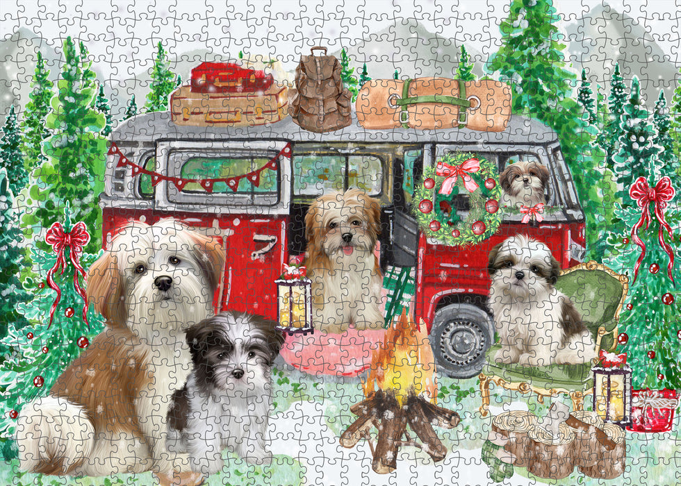 Christmas Time Camping with Malti Tzu Dogs Portrait Jigsaw Puzzle for Adults Animal Interlocking Puzzle Game Unique Gift for Dog Lover's with Metal Tin Box