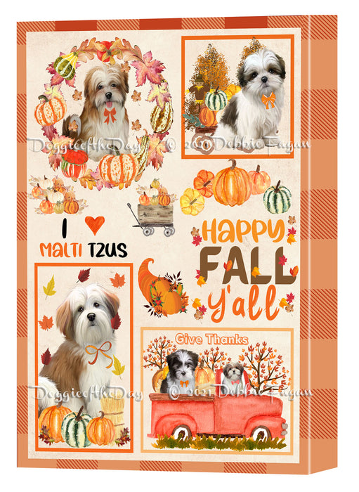 Happy Fall Y'all Pumpkin Malti Tzu Dogs Canvas Wall Art - Premium Quality Ready to Hang Room Decor Wall Art Canvas - Unique Animal Printed Digital Painting for Decoration