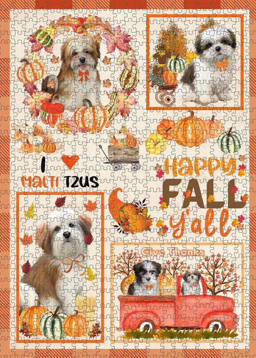 Happy Fall Y'all Pumpkin Malti Tzu Dogs Portrait Jigsaw Puzzle for Adults Animal Interlocking Puzzle Game Unique Gift for Dog Lover's with Metal Tin Box
