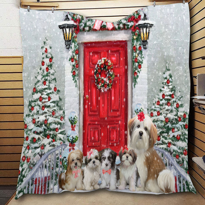 Christmas Holiday Welcome Malti Tzu Dogs  Quilt Bed Coverlet Bedspread - Pets Comforter Unique One-side Animal Printing - Soft Lightweight Durable Washable Polyester Quilt