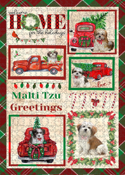 Welcome Home for Christmas Holidays Malti Tzu Dogs Portrait Jigsaw Puzzle for Adults Animal Interlocking Puzzle Game Unique Gift for Dog Lover's with Metal Tin Box