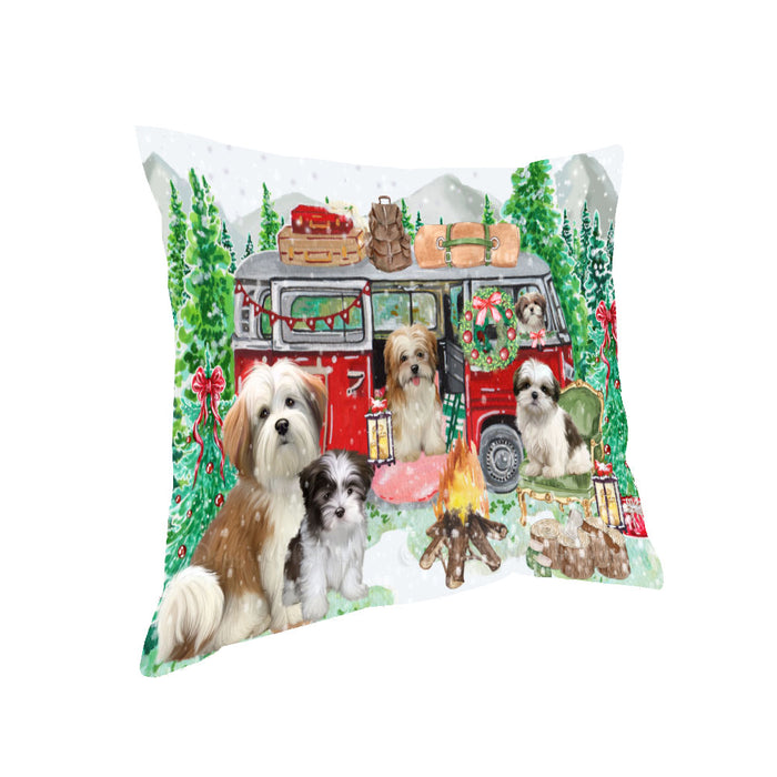 Christmas Time Camping with Malti Tzu Dogs Pillow with Top Quality High-Resolution Images - Ultra Soft Pet Pillows for Sleeping - Reversible & Comfort - Ideal Gift for Dog Lover - Cushion for Sofa Couch Bed - 100% Polyester
