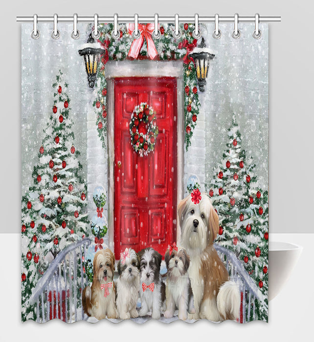 Christmas Holiday Welcome Malti Tzu Dogs Shower Curtain Pet Painting Bathtub Curtain Waterproof Polyester One-Side Printing Decor Bath Tub Curtain for Bathroom with Hooks