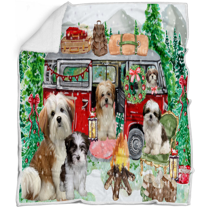 Christmas Time Camping with Malti Tzu Dogs Blanket - Lightweight Soft Cozy and Durable Bed Blanket - Animal Theme Fuzzy Blanket for Sofa Couch