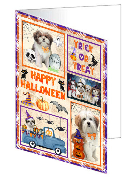 Happy Halloween Trick or Treat Malti Tzu Dogs Handmade Artwork Assorted Pets Greeting Cards and Note Cards with Envelopes for All Occasions and Holiday Seasons GCD76547