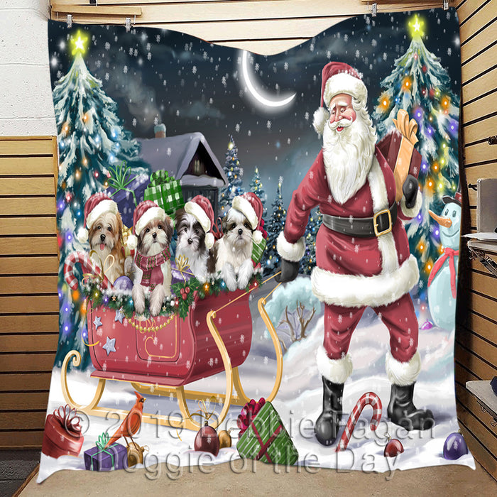 Santa Sled Dogs Christmas Happy Holidays Malti Tzu Dogs Quilt