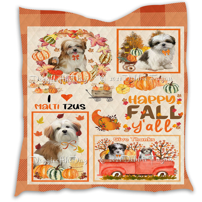 Happy Fall Y'all Pumpkin Malti Tzu Dogs Quilt Bed Coverlet Bedspread - Pets Comforter Unique One-side Animal Printing - Soft Lightweight Durable Washable Polyester Quilt