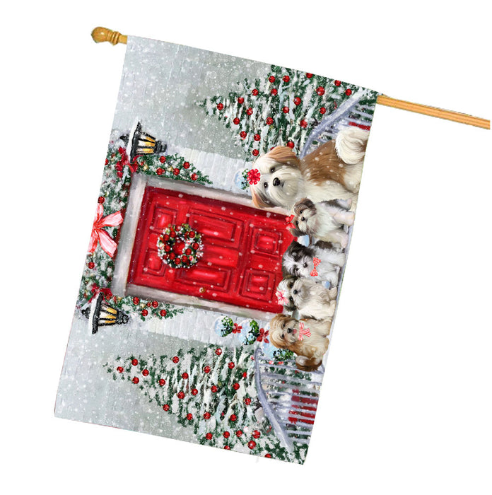 Christmas Holiday Welcome Malti Tzu Dogs House Flag Outdoor Decorative Double Sided Pet Portrait Weather Resistant Premium Quality Animal Printed Home Decorative Flags 100% Polyester