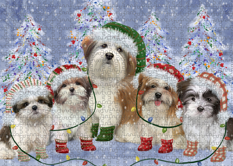 Christmas Lights and Malti Tzu Dogs Portrait Jigsaw Puzzle for Adults Animal Interlocking Puzzle Game Unique Gift for Dog Lover's with Metal Tin Box