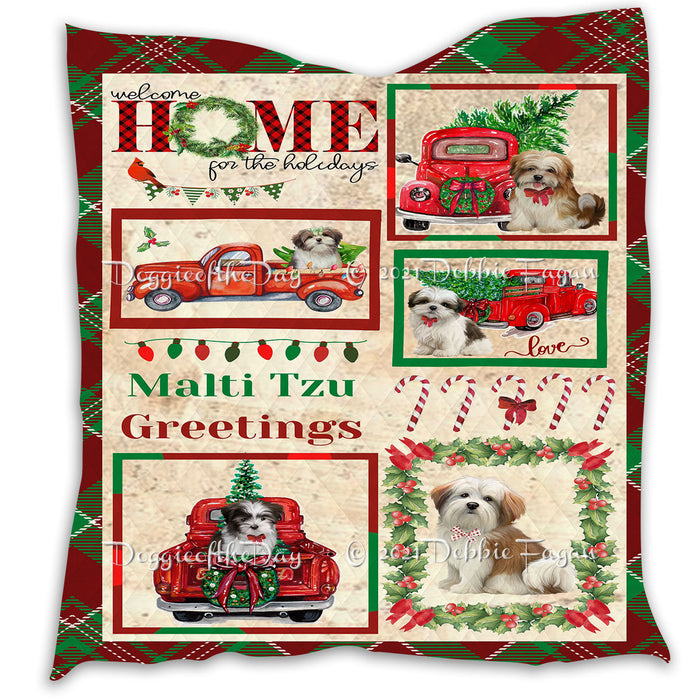 Welcome Home for Christmas Holidays Malti Tzu Dogs Quilt Bed Coverlet Bedspread - Pets Comforter Unique One-side Animal Printing - Soft Lightweight Durable Washable Polyester Quilt