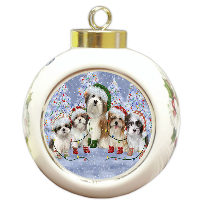 Christmas Lights and Malti Tzu Dogs Round Ball Christmas Ornament Pet Decorative Hanging Ornaments for Christmas X-mas Tree Decorations - 3" Round Ceramic Ornament