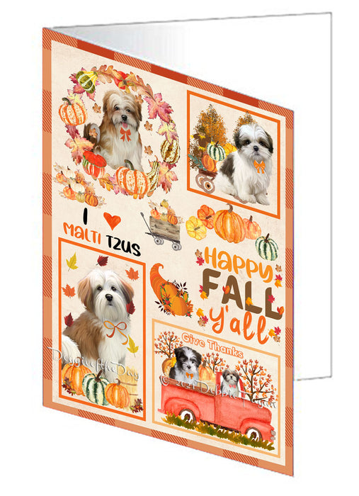 Happy Fall Y'all Pumpkin Malti Tzu Dogs Handmade Artwork Assorted Pets Greeting Cards and Note Cards with Envelopes for All Occasions and Holiday Seasons GCD77057