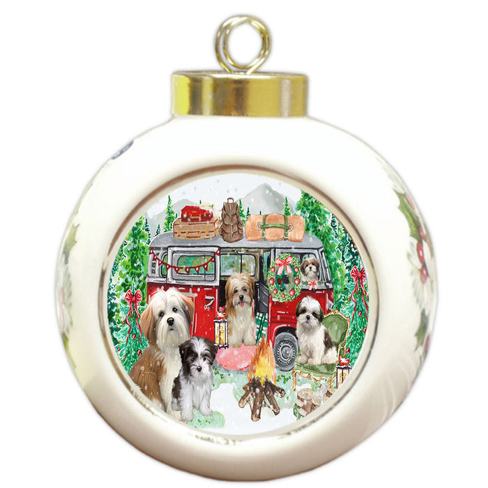 Christmas Time Camping with Malti Tzu Dogs Round Ball Christmas Ornament Pet Decorative Hanging Ornaments for Christmas X-mas Tree Decorations - 3" Round Ceramic Ornament