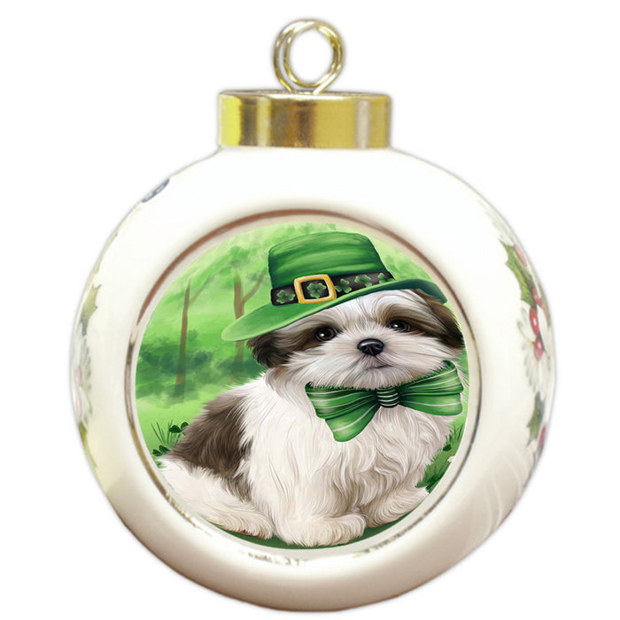 St. Patricks Day Irish Portrait Malti Tzu Dog Round Ball Christmas Ornament RBPOR48837