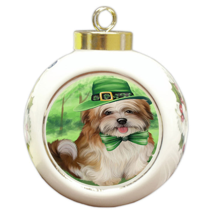 St. Patricks Day Irish Portrait Malti Tzu Dog Round Ball Christmas Ornament RBPOR48838