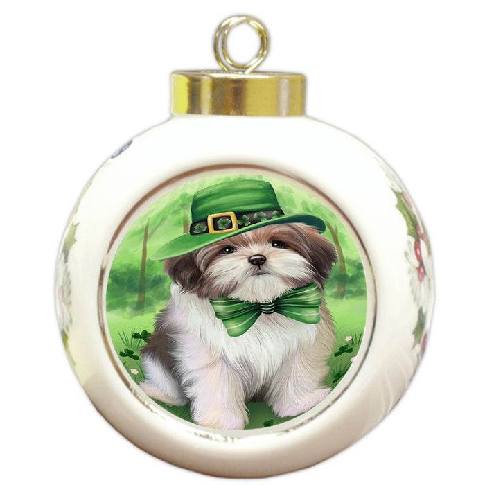 St. Patricks Day Irish Portrait Malti Tzu Dog Round Ball Christmas Ornament RBPOR48839