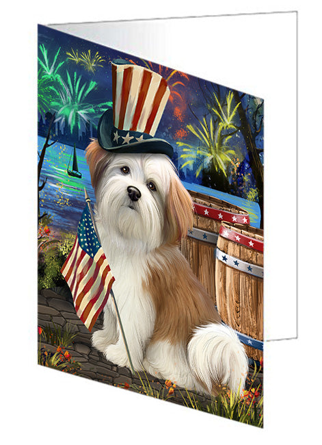 4th of July Independence Day Fireworks Malti tzu Dog at the Lake Handmade Artwork Assorted Pets Greeting Cards and Note Cards with Envelopes for All Occasions and Holiday Seasons GCD57593