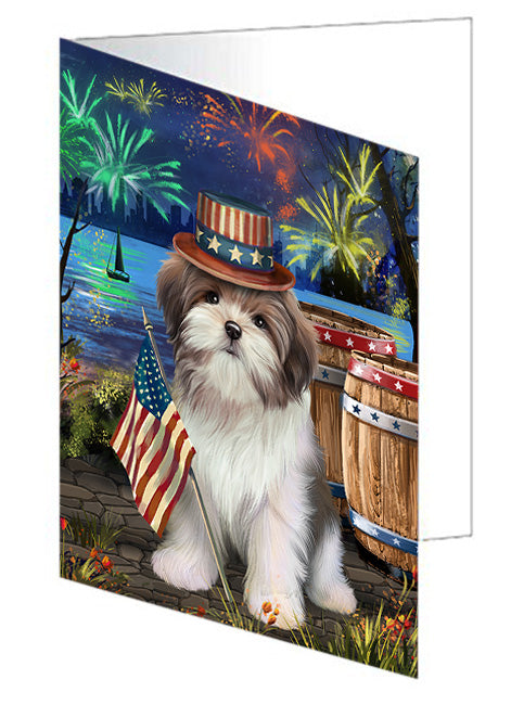 4th of July Independence Day Fireworks Malti tzu Dog at the Lake Handmade Artwork Assorted Pets Greeting Cards and Note Cards with Envelopes for All Occasions and Holiday Seasons GCD57602