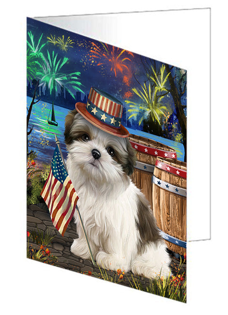 4th of July Independence Day Fireworks Malti tzu Dog at the Lake Handmade Artwork Assorted Pets Greeting Cards and Note Cards with Envelopes for All Occasions and Holiday Seasons GCD57605