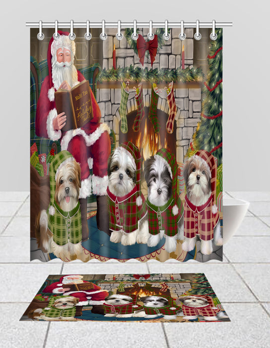 Christmas Cozy Holiday Fire Tails Malti Tzu Dogs Bath Mat and Shower Curtain Combo