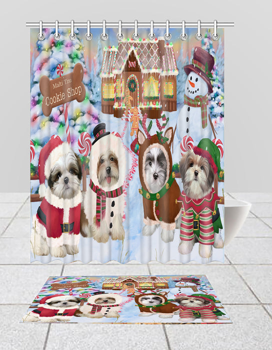 Holiday Gingerbread Cookie Malti Tzu Dogs  Bath Mat and Shower Curtain Combo