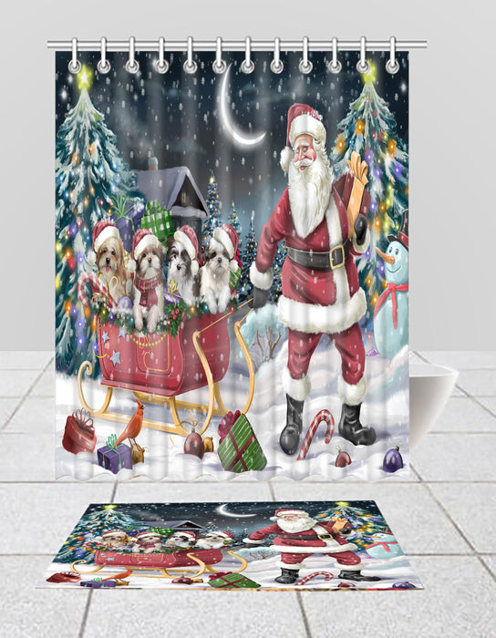 Santa Sled Dogs Christmas Happy Holidays Malti Tzu Dogs Bath Mat and Shower Curtain Combo