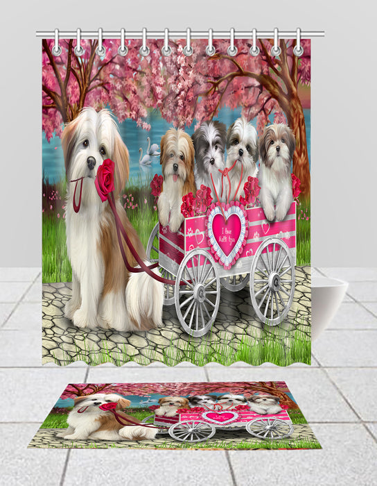 I Love Malti Tzu Dogs in a Cart Bath Mat and Shower Curtain Combo