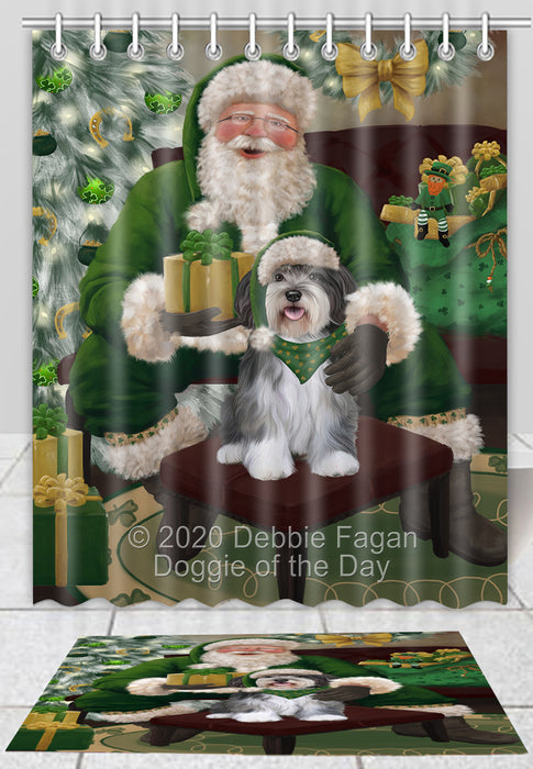 Christmas Irish Santa with Gift Malti Tzu Dog Bath Mat and Shower Curtain Combo