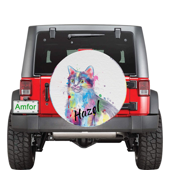 Custom Pet Name Personalized Watercolor Manx Cat Car Tire Cover