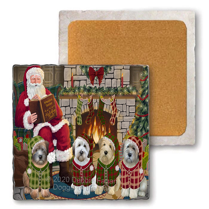 Christmas Cozy Holiday Tails Wheaten Terriers Dog Set of 4 Natural Stone Marble Tile Coasters MCST50400