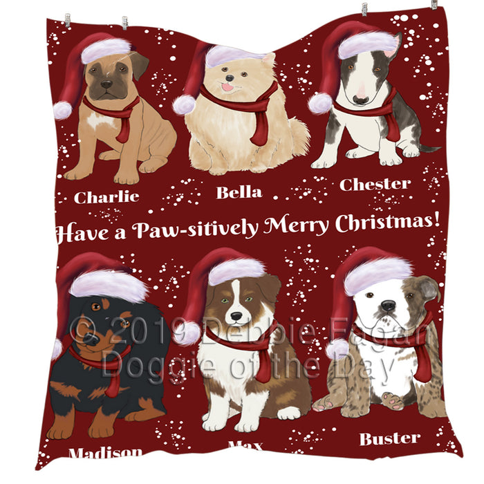 Custom Personalized Cartoonish Pet Photo and Name on Quilt in Merry Christmas Background