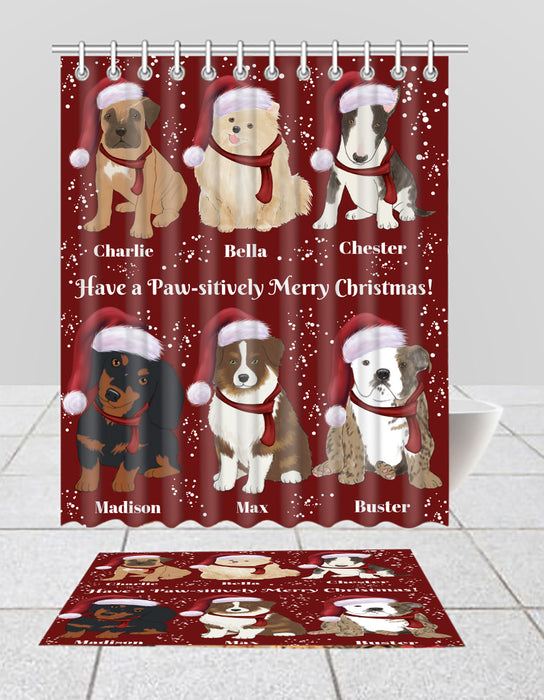 Custom Personalized Cartoonish Pet Photo and Name on Shower Curtain & Bath Mat Combo in Merry Christmas Background