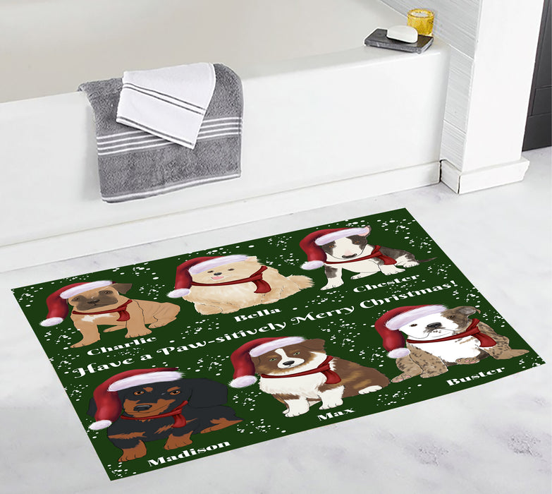 Custom Personalized Cartoonish Pet Photo and Name on Bath Mat in Merry Christmas Background