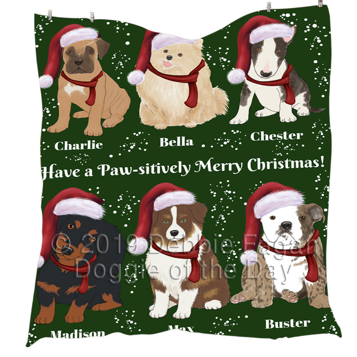 Custom Personalized Cartoonish Pet Photo and Name on Quilt in Merry Christmas Background