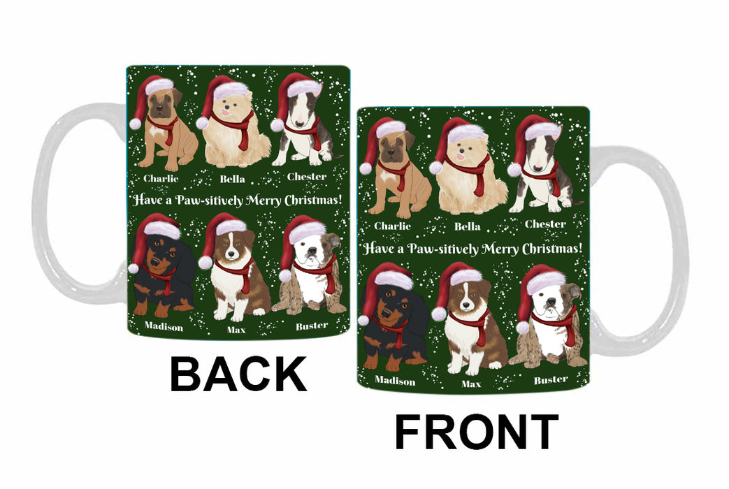 Custom Personalized Cartoonish Pet Photo and Name on Coffee Mug in Merry Christmas Background