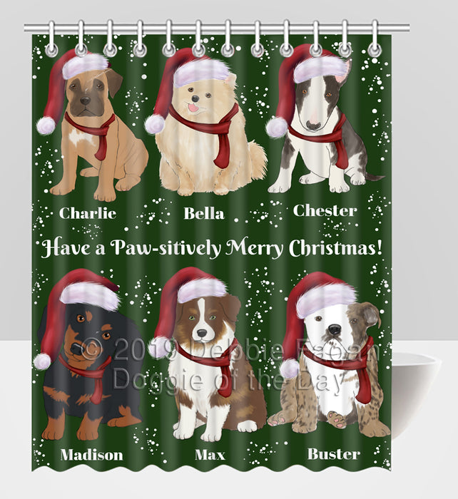 Custom Personalized Cartoonish Pet Photo and Name on Shower Curtain in Merry Christmas Background