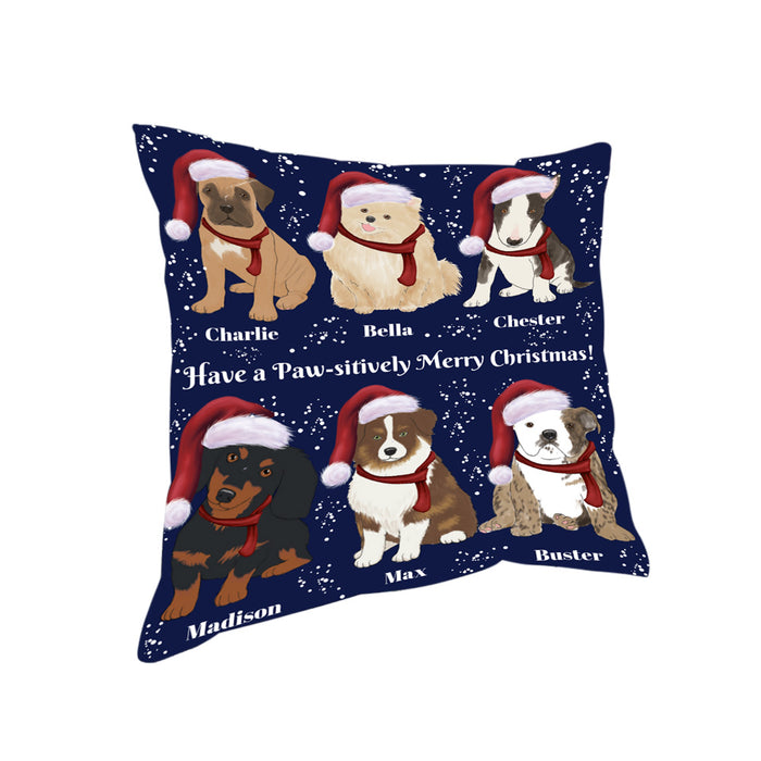 Custom Personalized Cartoonish Pet Photo and Name on Pillow in Merry Christmas Background