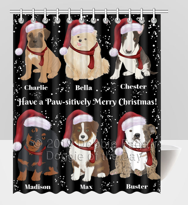 Custom Personalized Cartoonish Pet Photo and Name on Shower Curtain in Merry Christmas Background